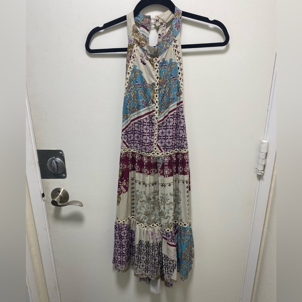 Jaase Womens Dress Medium Beige Aqua Purple Patchwork Halter  Low Back Casual